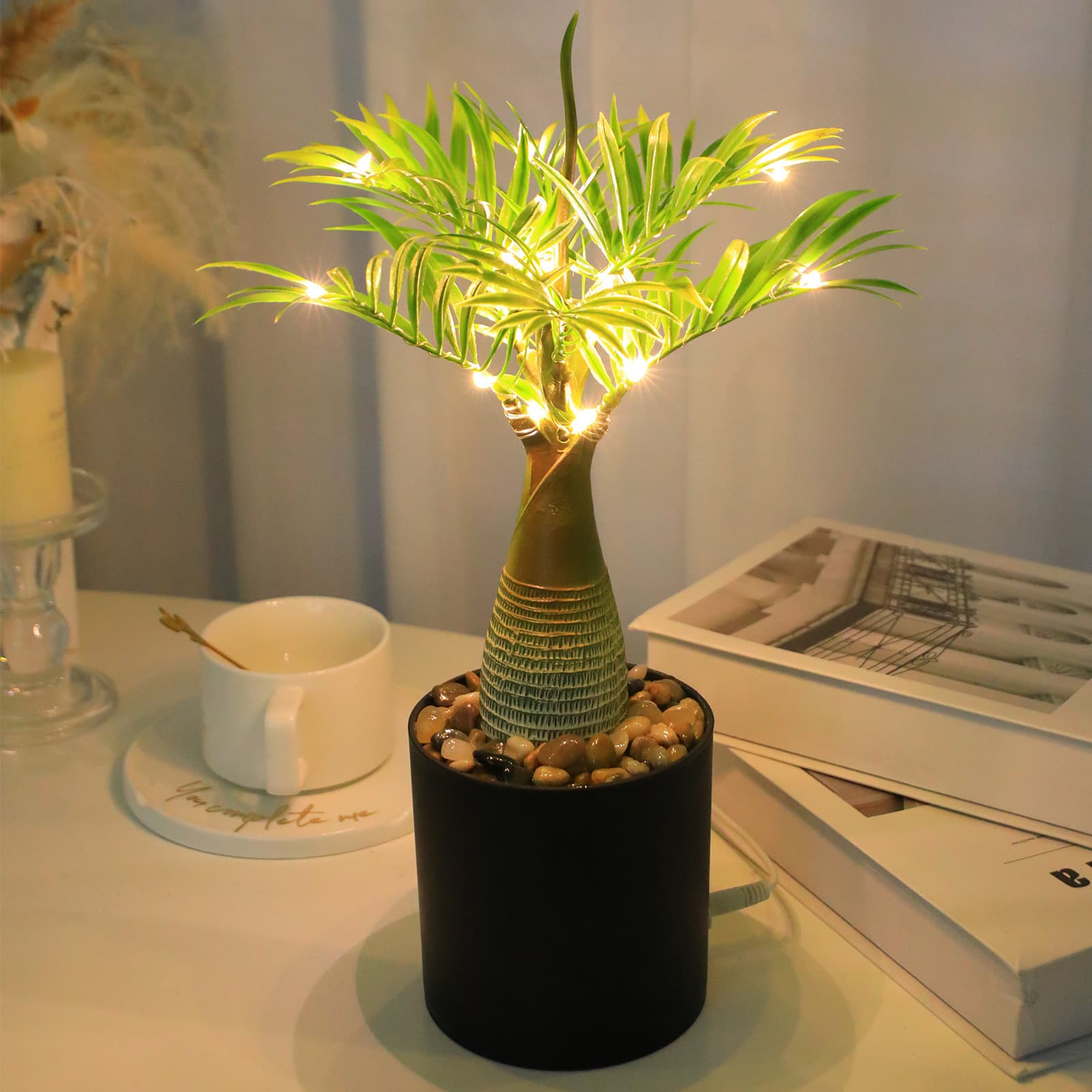 Artificial Plant LED Night Light – USB Potted Greenery Lamp for Office & Home Decor